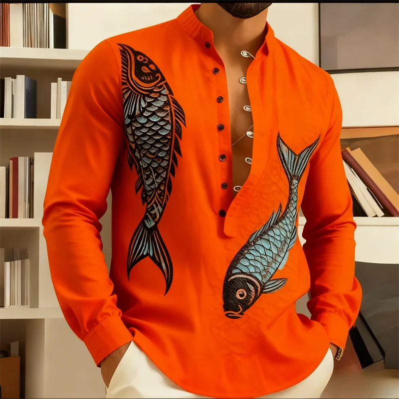

Men's Long Sleeve Fish Print Ethnic Shirt | Mandarin Collar Slim Fit | Bright Orange Pattern | Business Casual Formal Blouse for
