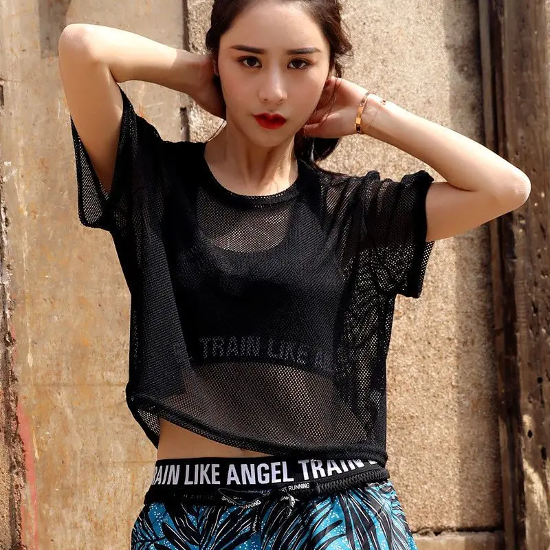 Summer Sports Fitness Thin Hoodie Back Hollow Sexy Yoga Beauty Back Short Sleeve Mesh T-Shirt for Women