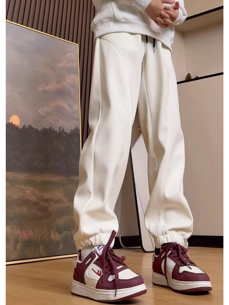 Bla Fce Lined Thiened Winter Sports Pants Men's Casual Trousers Loose Fit Low Waist Long Pants Youth Active Sle