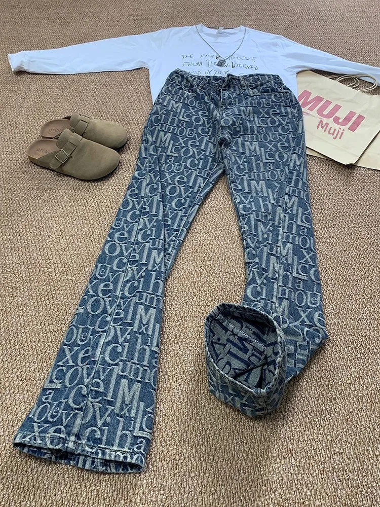 

American High Street Sle Distred Flared Jeans Men's Autumn Spring Printed Letter Embroidery Straight Leg Pants