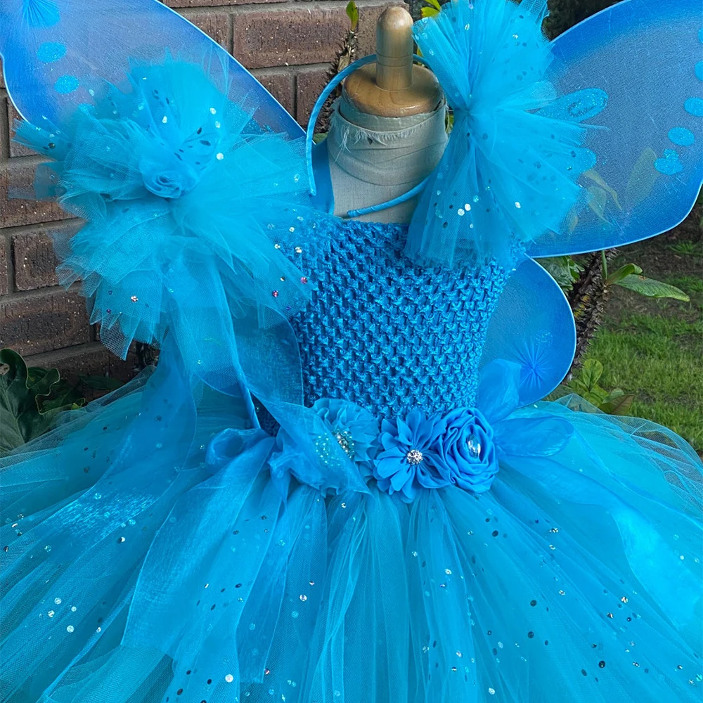 Girls Blue Glitter Tutu Dress Kids Flower Fairy Dress with Butterfly Wing  Stick Children Party Costume Princess Dresses - AliExpress 1501