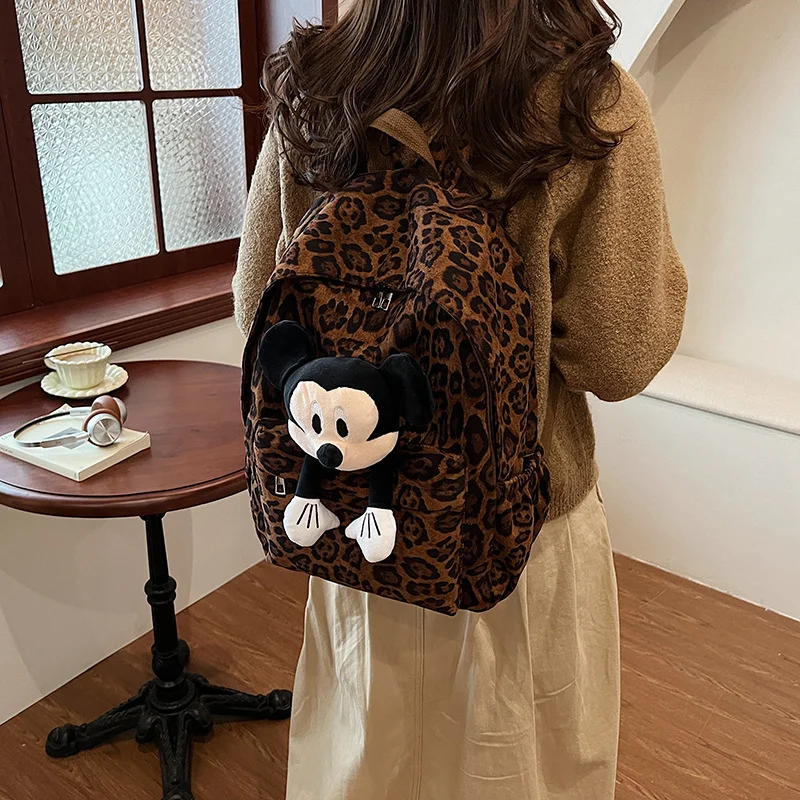 Mochila escolar de gran capacidad con estampado de leopardo de dibujos animados de Mickey Mouse de Disney, mochila ligera de viaje para estudiantes a la moda