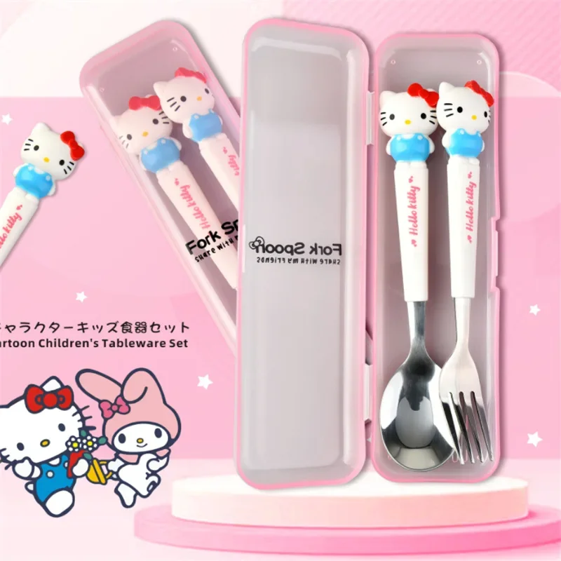 Children Tableware Hello Kitty Melody Kuromi Silicone Handle Tableware Two-piece Set Cinnamoroll Fork Spoon Kids Gifts image 5