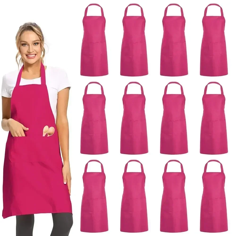 

DUSKCOVE 12 Pack Plain Bib Aprons with 2 Pockets - Pink Unisex Commercial Apron Bulk for Kitchen Cooking Restaurant BBQ Paint