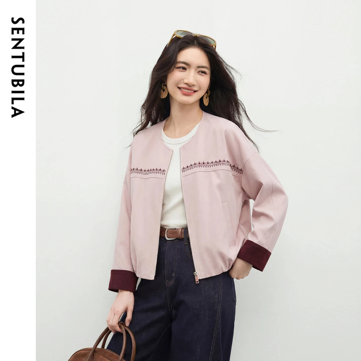 

SENTUBILA Women's Short Jacket 2026 Cotton Blend Color Blocking Round Neck Embroidery Coat Spring Simple Outerwears 161WB6283