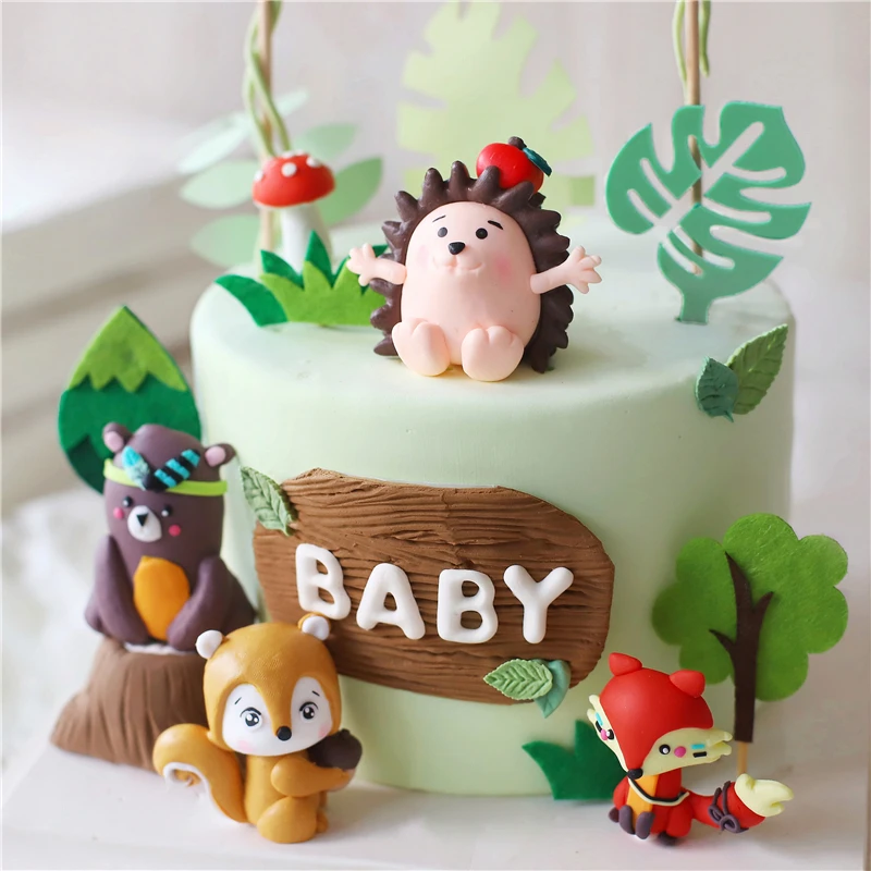 Fox Hedgehog Animals Cake Topper Birthday Cakes Baking Jungle Safari Happy Birthday Party Decor Baby Shower Dessert Decoratin