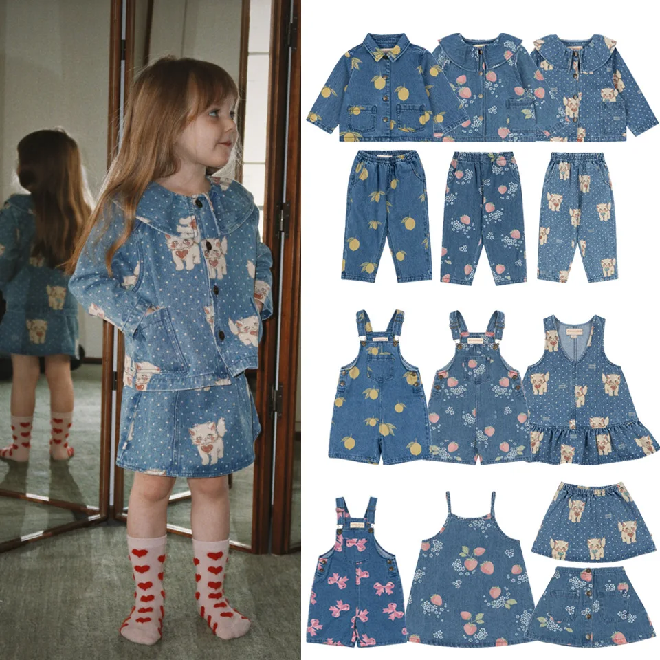 

Girl's Dress 2026 Spring/summer New Print Cute And Sweet Sleeveless Denim Dress Cotton Lapel Denim Jacket Shoulder Strap Shorts