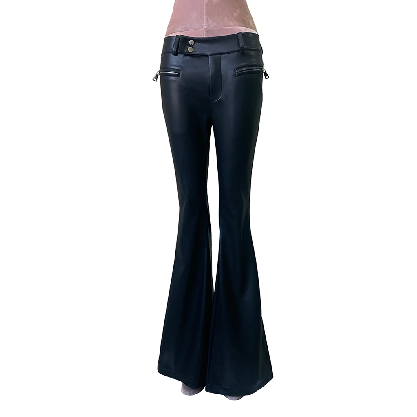 Nerazzurri Sexy Slimming High Waist Bell Bottom Pants Women's PU Leather Trousers Elastic Bodycon Shortened Skirt Black