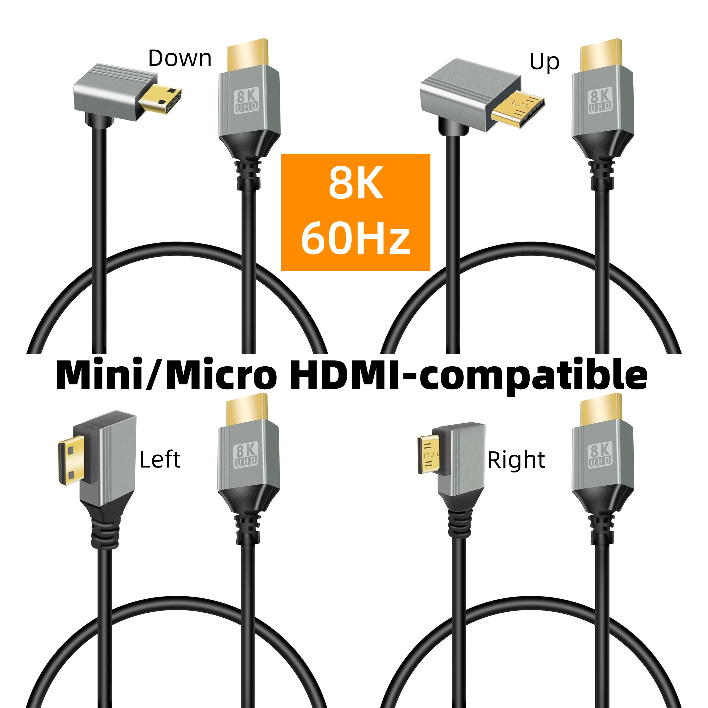 

8K 90 Degree Mini HDMI-compatible, Micro HDMI-compatible to HDMI-compatible Adapter Cable for Laptop Camera Camcorder Monitor
