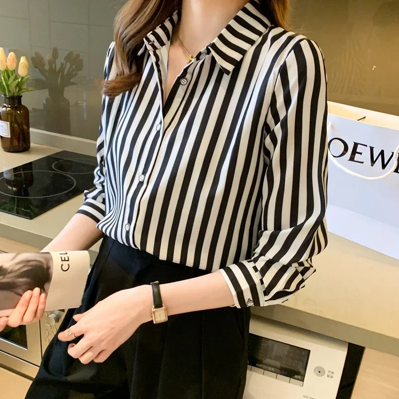 Fashion Women\'s Shirt 2024 Black and White Striped Tops for Women Versatile Polo Neck Clothing Long Sleeve Woman Basic Shirts OL