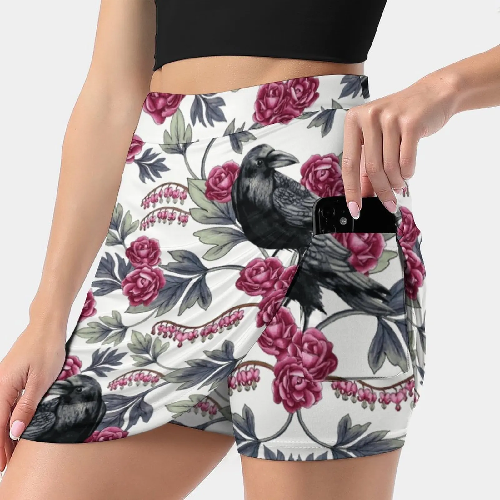 Crow Bleeding Heart & Roses Floral / Botanical Pattern Summer Women'Sshorts Skirt 2 In 1 Fitness Yoga Skirt Tennis Skirts Crow