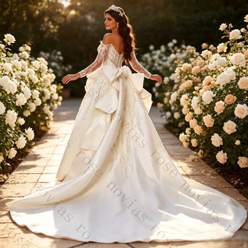 Customized Off Shoulder Mermaid Gown Crystal Sequin Details Detachable Satin Overskirt Bow Court Train Luxury Wedding Dress 2026
