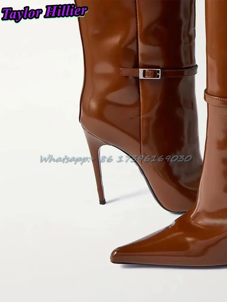 البني براءات الاختراع والجلود الأحذية النمط البريطاني بوتاس أشار تو الكعوب خنجر حجم كبير الركبة عالية مشبك طويل جودة عالية حجم 47 #5