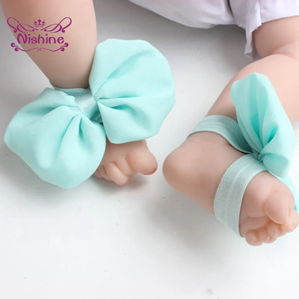 Bebê recém-nascido Sandálias Chiffon Bowknot, Sapatos Infantis Cor Sólida, DIY Decoração Do Pé, Props Fotografia Infantil, Sandálias com os pés descalços, 2Pcs por lote