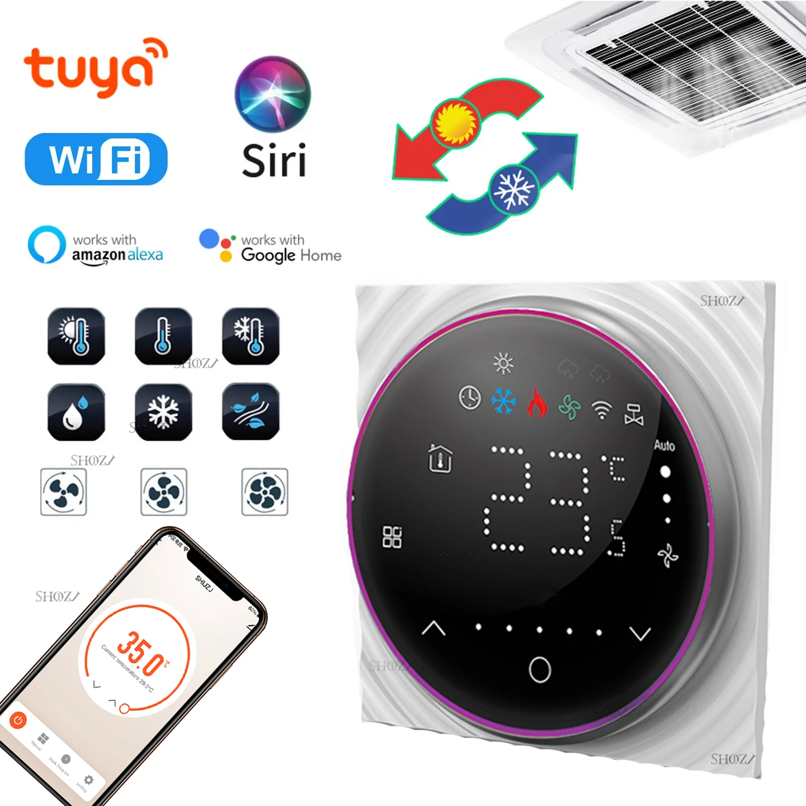 TUYA Programmable Smart Wi-Fi Thermostat Heating and Cooling Control Dry Contact Valve Switch, Three-Speed ​​Fan with Alexa