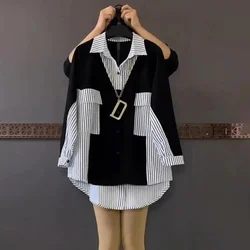 Yaz yağ artı boyutu kadın gevşek ve ince orta ve uzun kontrast çizgili gömlek moda üst kapak et gömlek