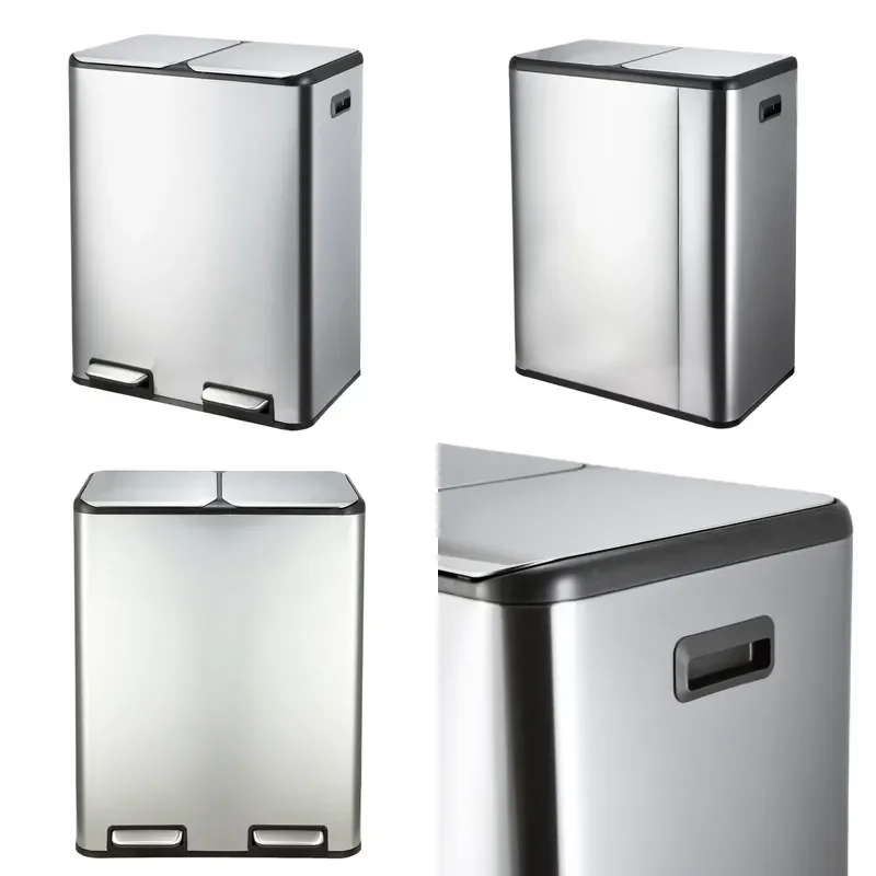 50L Ultra-thin Rectangular Stainless Steel Kitchen Trash Can Foot Operated Slow Close Lid Inner Bucket Keep Open Wide