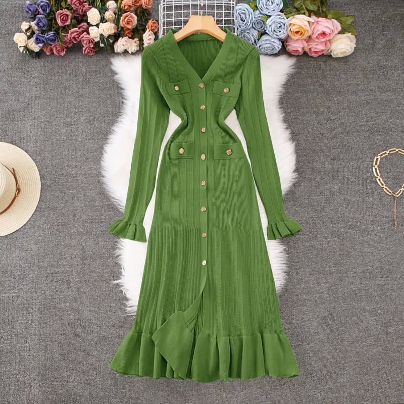 

Autumn Winter New French Style Elegant Socialite High-End Knitted Dress Women Waist Slimming Ruffled Sweater Dress