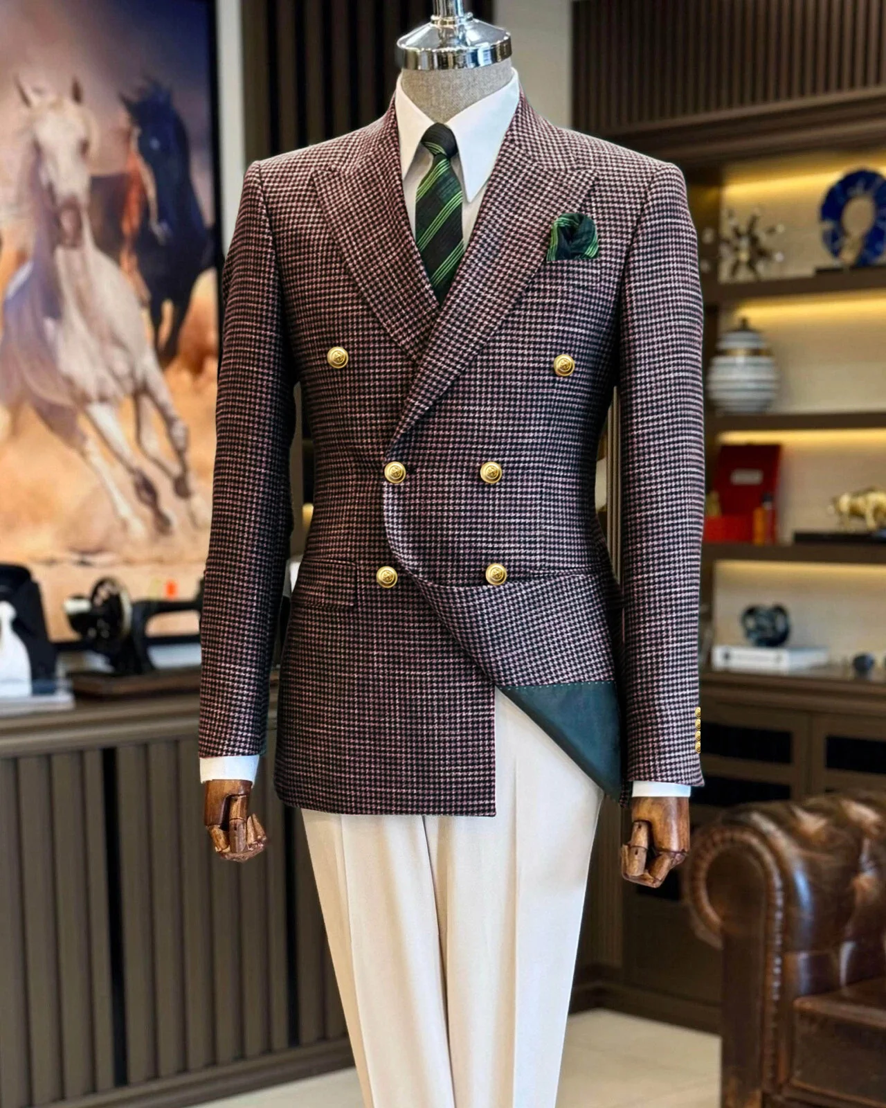 Costume Blazer pour hommes, bleu marine, pied-de-poule, revers, Double boutonnage, Business, coupe c