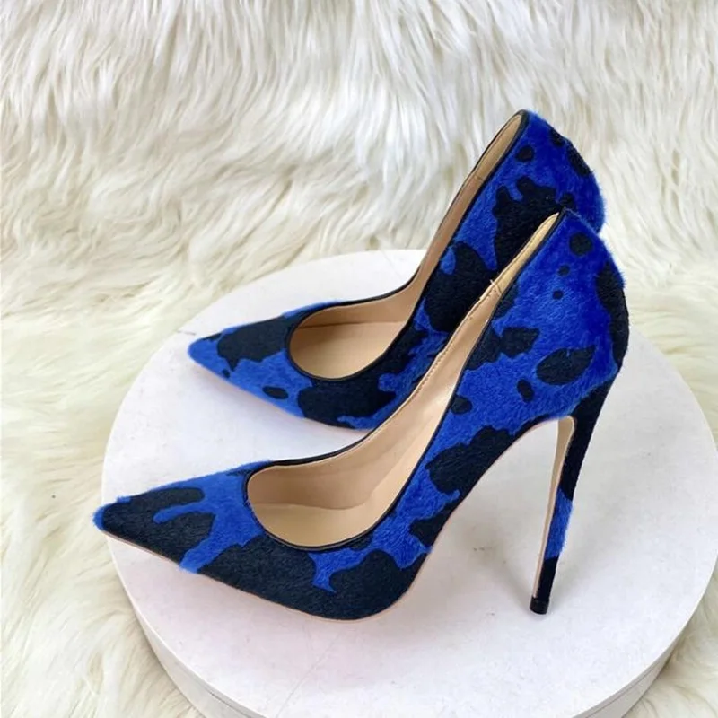 

Faux Horse Hair Women Pumps Blue Black Pointed Toe Slip On Stiletto High Heels Shallow Female Outside Shoes 12cm 10cm 8cm