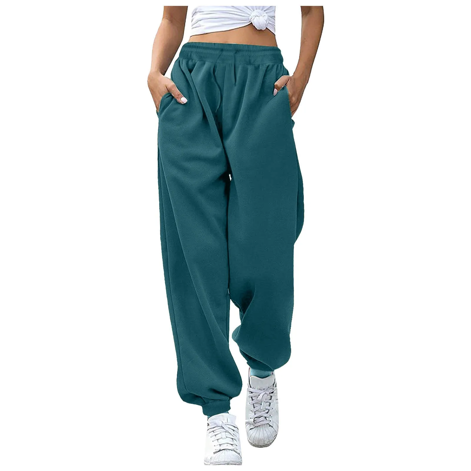 Women Pants High Elastic Waist Solid Color Casual Pants Soft Warm Pockets Loose Spring Fall Sweatpants Jogging Trousers 여성용 긴 바지