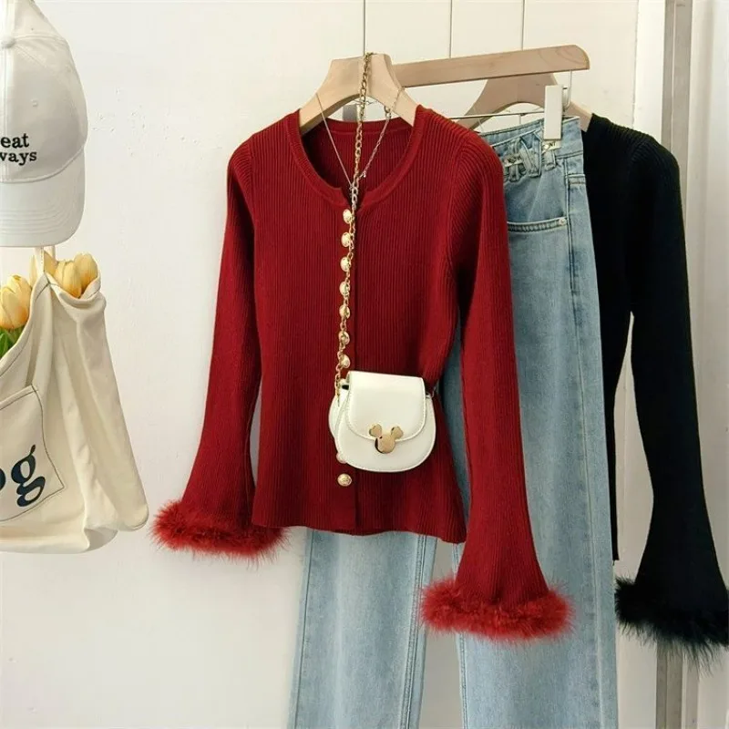 

Commuter Temperament Versatile Horn Long-sleeved Crew Neck Knitted Cardigan Women's 2024 Autumn New Slim-fit Versatile Chic Top