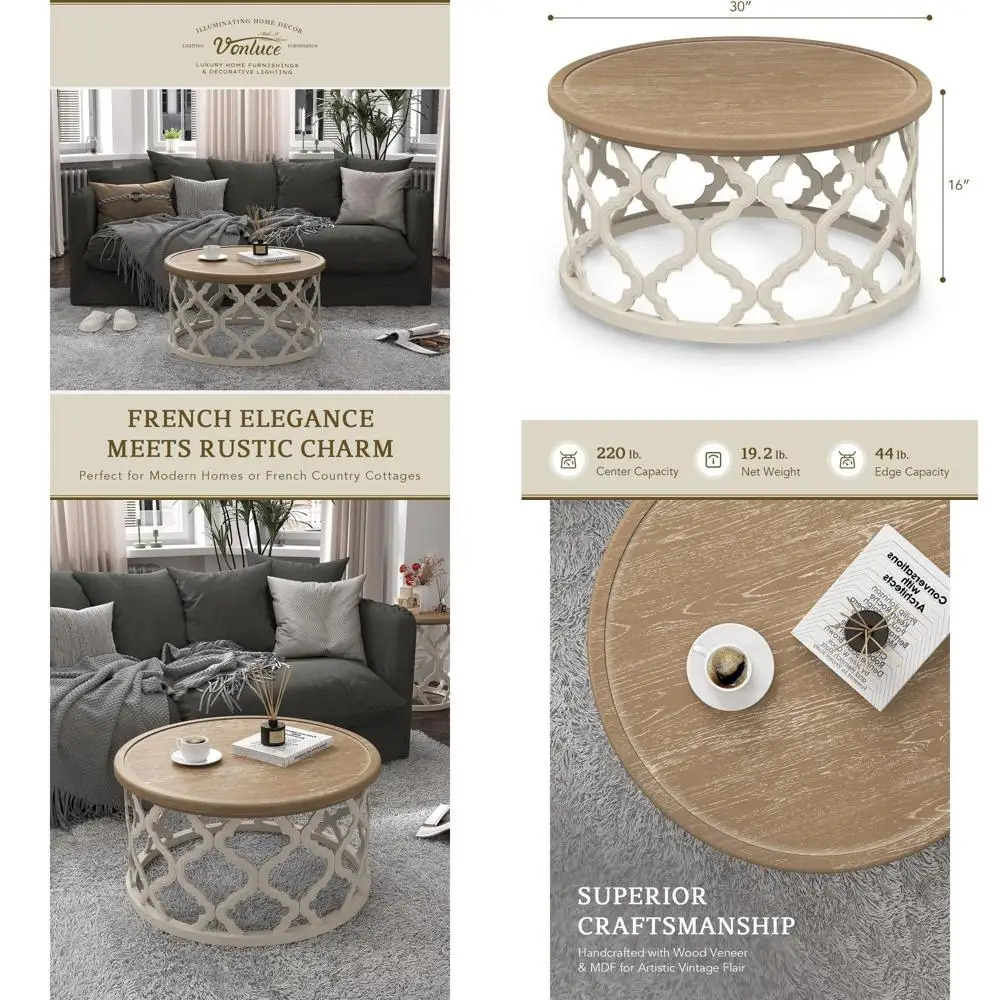 

Круглый журнальный столик из состаренного дерева с полкой для хранения, в винтажном стиле кантри, для гостиной, столовой и спальни, бежевый