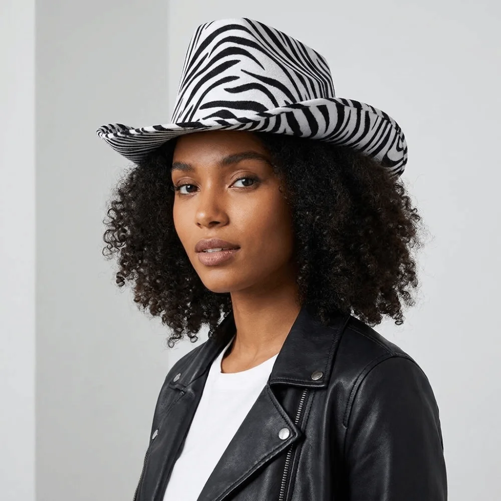 Cool Cow Printed Bowler Hat Leopard Printed Windproof Western Cowboy Hat Drawstring Tiger Cowgirl Hat Prom