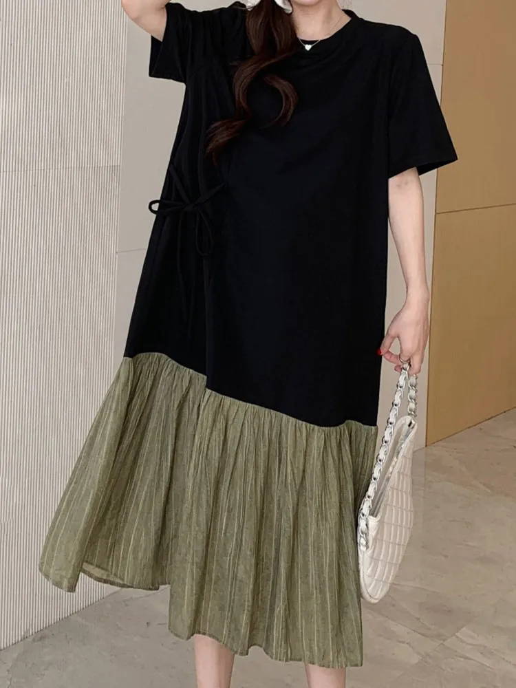 Summer Women's Loose Plus Size T-Shirt Dress Casual Jacquard Patchwork Ladies Dresses Vestidos