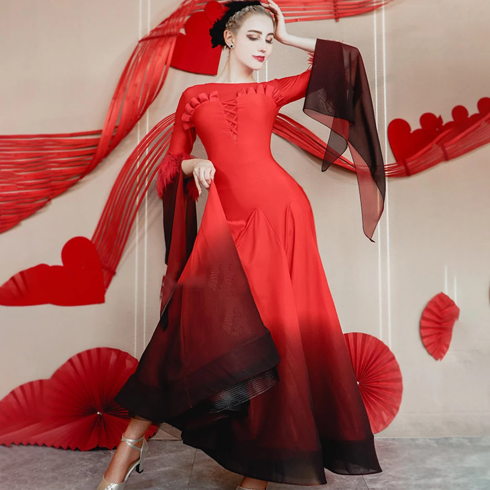 New Red High-end 2024 Elegant Women's Modern Dress Long Sleeve Fishbone Skirt Floating Sleeve Large Skirt Performance Dress