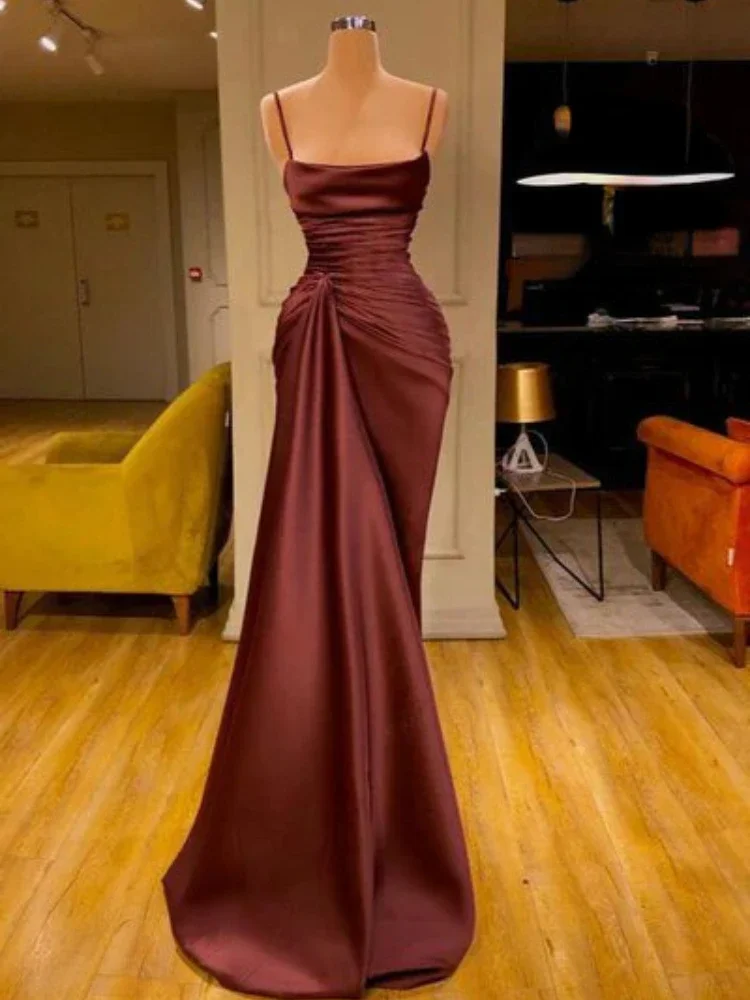 Customized Spaghetti Straps Slim Elegant Wedding Party Dresses Long Glossy Satin Pleated Evening Dress Sexy Luxury Robe Vestidos