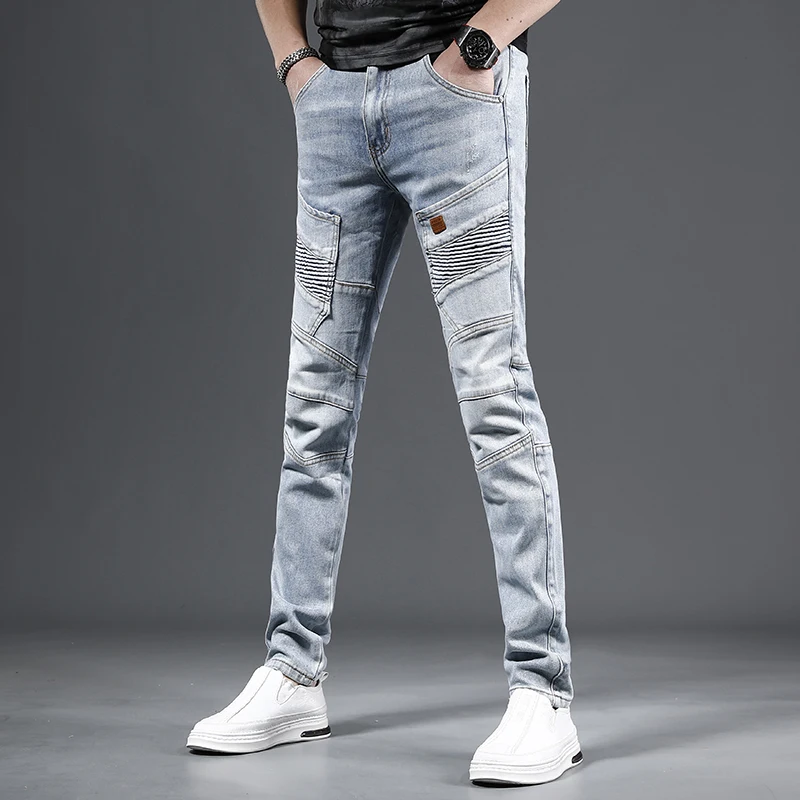 Biker Style Blue Men's Jeans Korean Slim Fit Pants Streetwear Casual Patchwork Denim Trousers CP2199