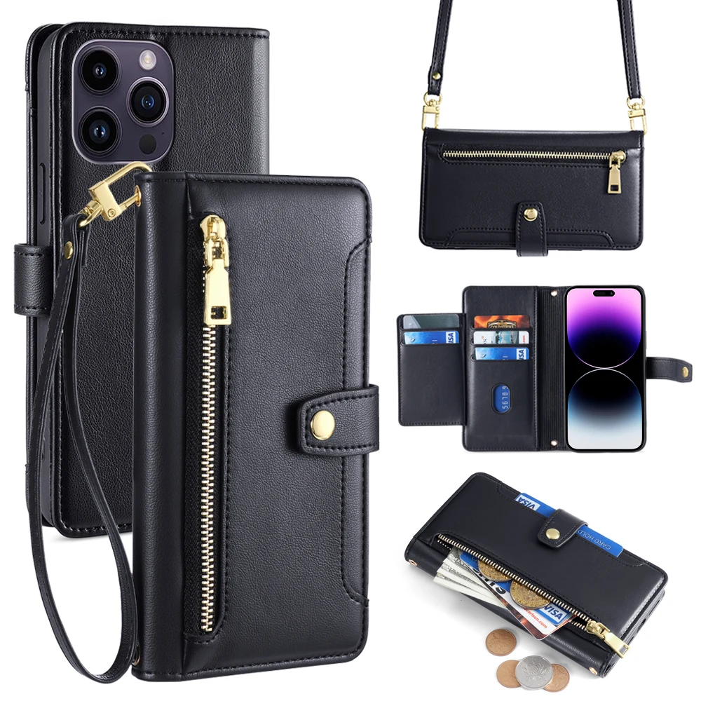 Ladies Card Slots Wallet Crossbody Phone Case for iphone 15 14 13 12 11 Pro Max XS XR 7 6 6 6s Plus SE SE3 Flip Cover with strap