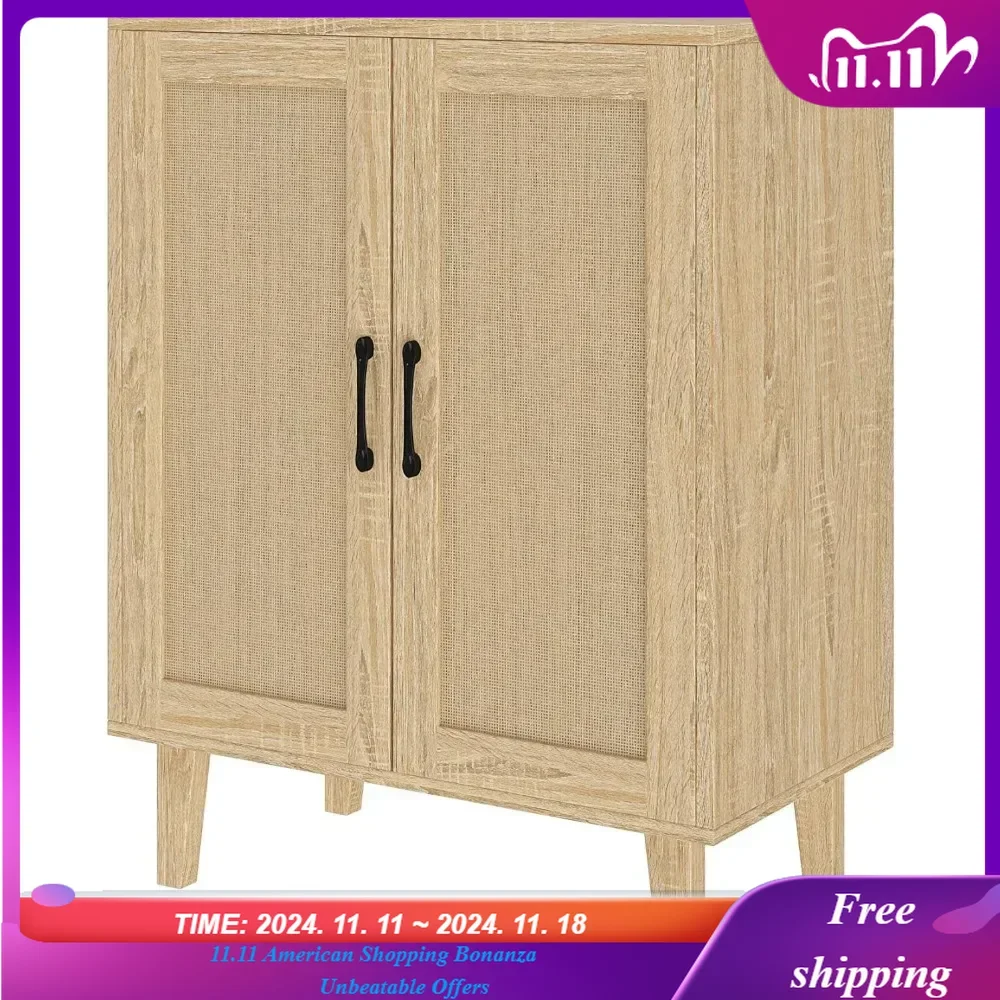 

Buffet Cabinet Sideboard with Rattan Decorated Doors Kitchen Storage Cupboard Accent Cabinet (Natural Wood)