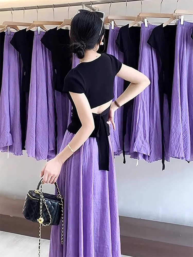

Summer Beautiful Black Backless T-Shirt And Purple Skirt Set Women's Fashion Casual Half-length Pleated Skirt Outfit