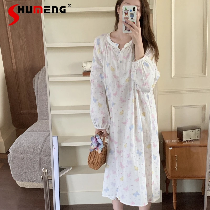 

Double Layer Gauze Nightdress Women Breathable Colorful Butterfly Sleepshirts Female Round Neck Long Sleeve Loose Sleepwear
