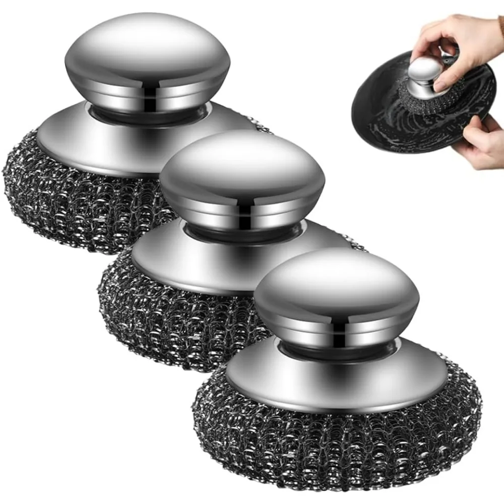 

Новинка 2025 года, скребок из стальной шерсти, скребок для посуды из нержавеющей стали с ручкой для чистки посуды, железных горшков, плит, раковины (3 шт.