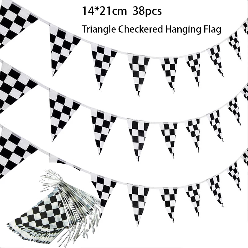 Triangolo a scacchi bandiera appesa tovaglia in bianco e nero auto da corsa vassoi per alimenti da corsa Cake Topper Car Flag Boys Birthday Decors