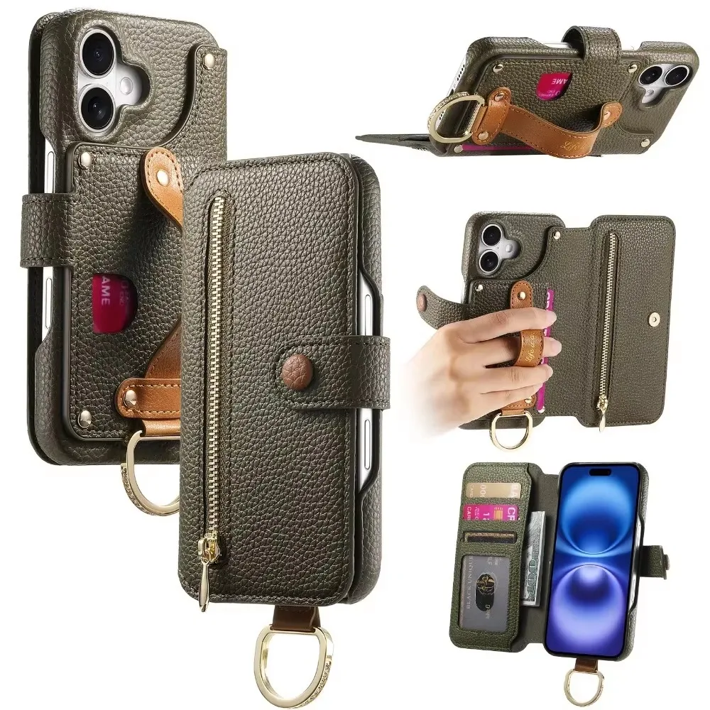 

Card Slot Holder Wallet Flip Phone Case with Wrist Strap & Ring For iPhone 16 Pro Max 15 14 Plus 13 12 11 XS XR SE 2022 2022 7 8