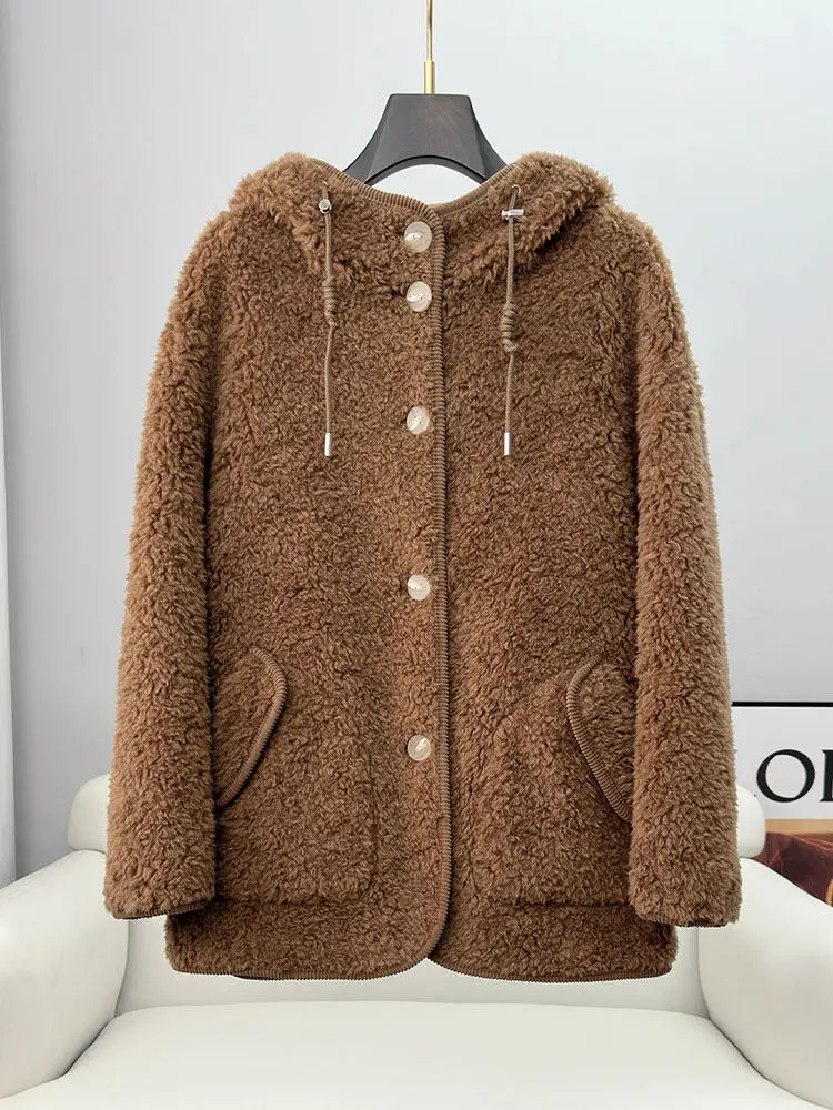 100 Lambskin and fur one-piece casual hooded mid-length 2025 new Winter warm fur coat
