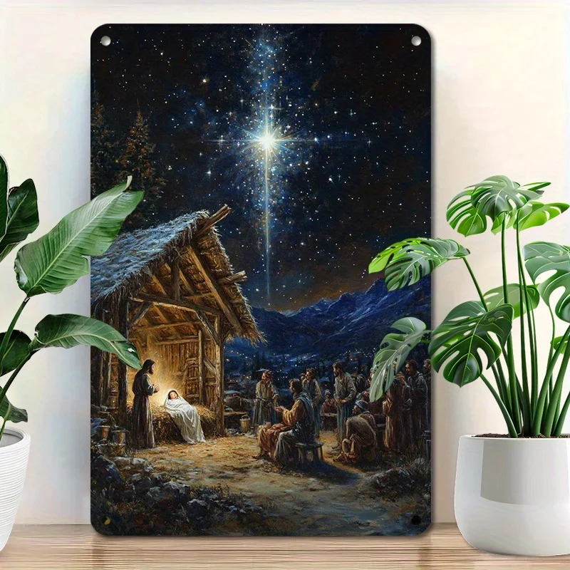 Tin Nativity Scene Tin Sign - Christmas Star Wall Decor, Reusable Vintage Style Metal Plaque for Home & Bar, Religious Holiday A