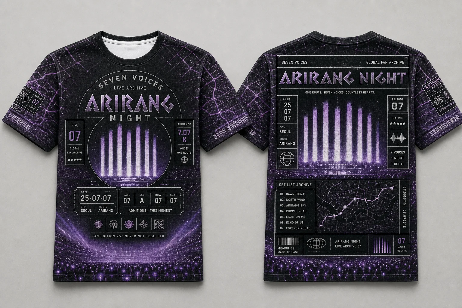 Seven Voices World Archive Tour T‑Shirt Fan Night Concert Graphic Tee, Purple Galaxy Map Print, Unisex Breathable Short Sleeve