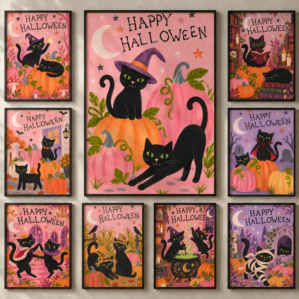 Festival H-Halloween Magic Black CatsS Poster Art  Self-Adhesive No Glue Residue Wall Sticker for Home Office Nursery