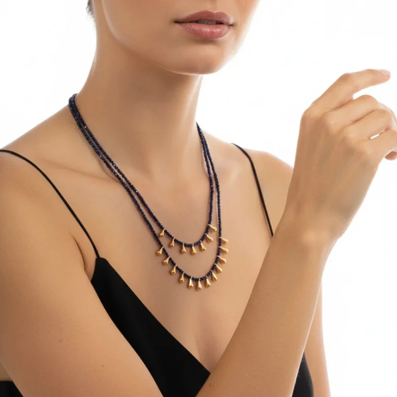 Litheline 24K Gold Plated Brass Double-Layer Black Bead Necklace, Anti-Tarnish Everyday Bold Modern Jewelry view 3