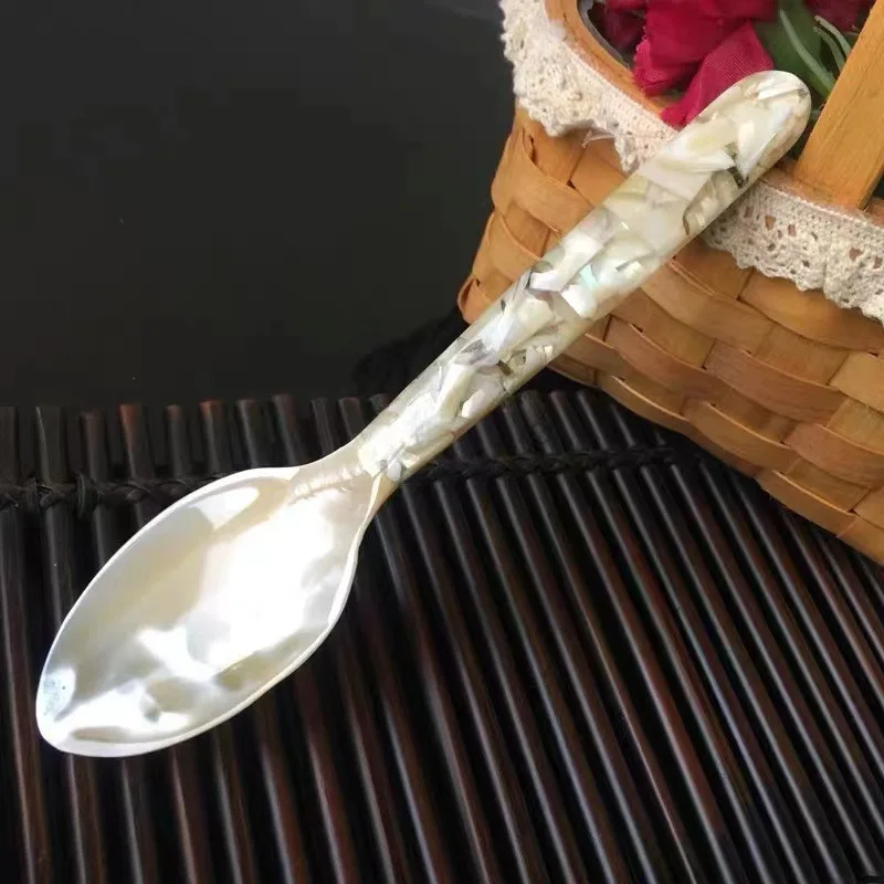 16cm/12pcs  Natural Mother of Pearl Spoon Retro Spork Cutlery Coffee Stirring Spoon Dessert Fork Shell Caviar Spoon Set  ملاعق