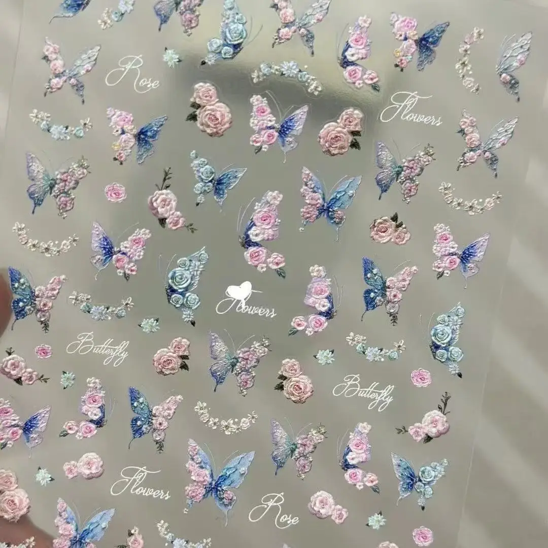 

3D Relief Butterfly Rose Nail Stickers Ethereal Dreamy Waterproof Self Adhesive Decals for Nail Art DIY