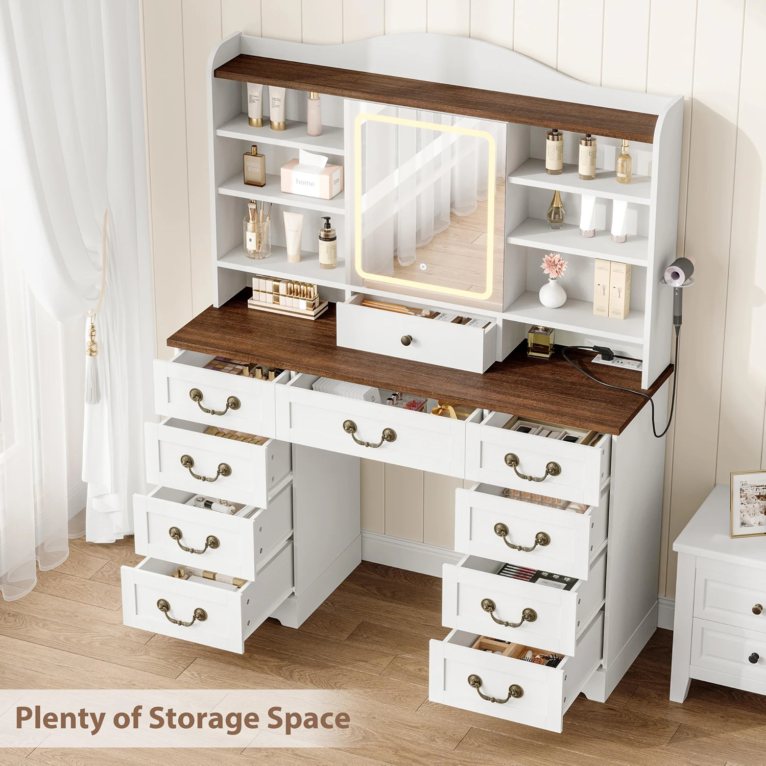 47.2in Farmhouse Vanity Desk With LED Mirror Lights, Chair, 10 Drawers 8 Shelves, Power Outlets USB Ports Makeup Table For Bedroom