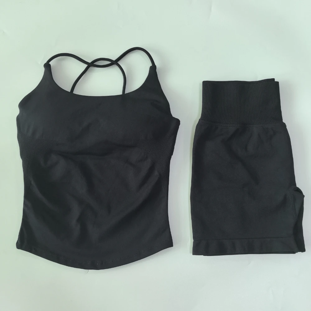 Pericic 2-teiliges Sportset für Damen, Twist-Back-Top, rückenfreier Träger-BH, Yoga-Shorts, Fitness-Set, Trainingskleidung, Outfit, Fitnessanzug – Detail 15