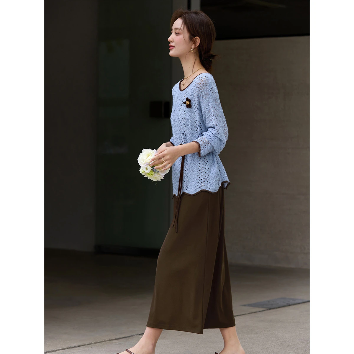 VIMLY Two-piece Set Women Blue Hollow-out Pullover Knit Top Coffee Sleeveless Long Dress Fall 2026 Elegant Matching Outfit 30683