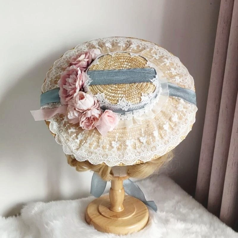 

400A Elegant Straw Hat with Chin Strap Women Ruffle Lace Flat Top Hat Headwear